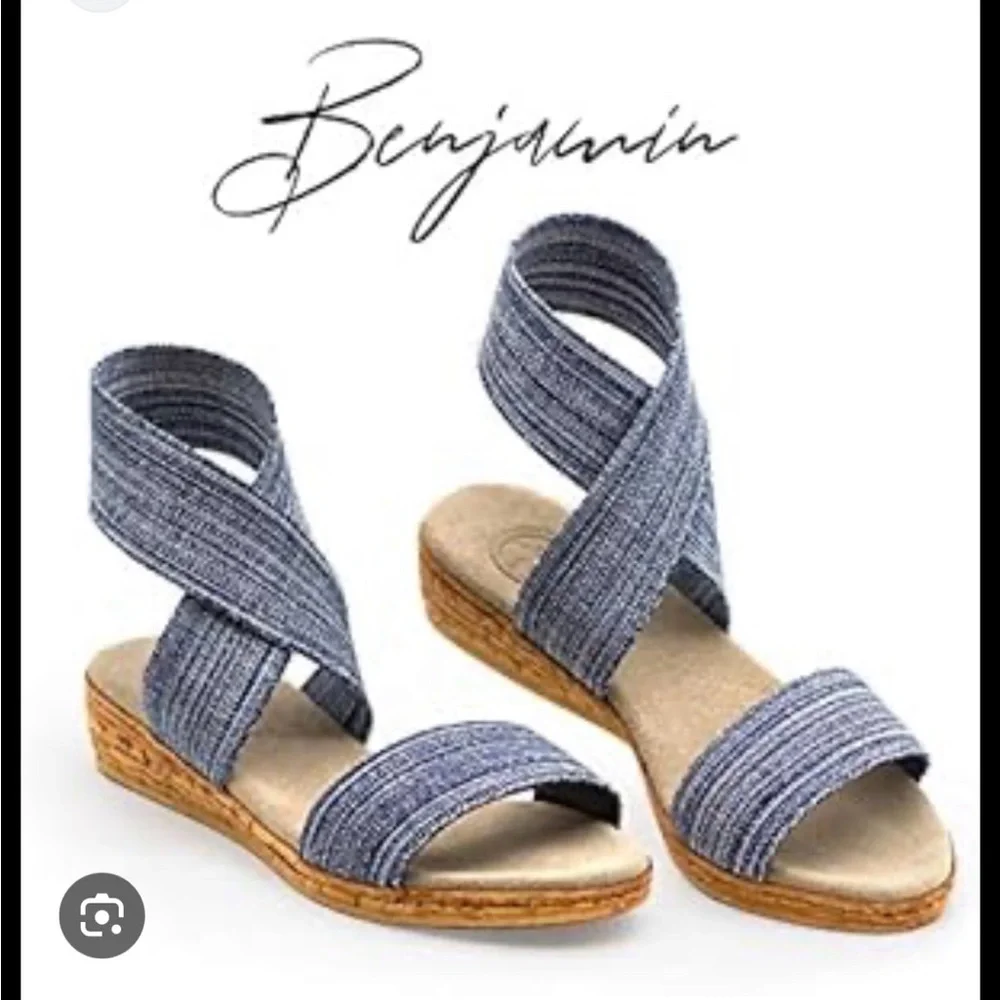 Benjamin Blue Strappy Sandals‎ Size 6 Elastic Strap Slip On Cork Sole